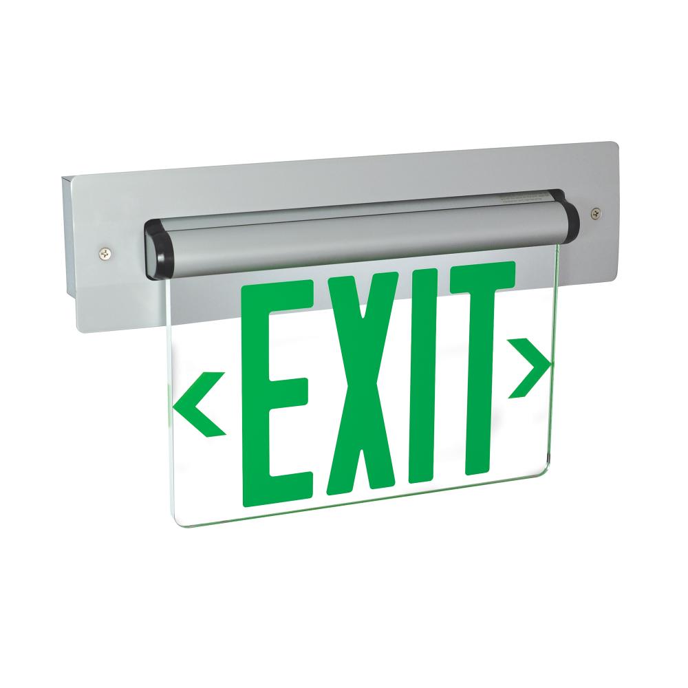 Recessed Adjustable LED Edge-Lit Exit Sign, Battery Backup, 6" Green Letters, Single Face /
