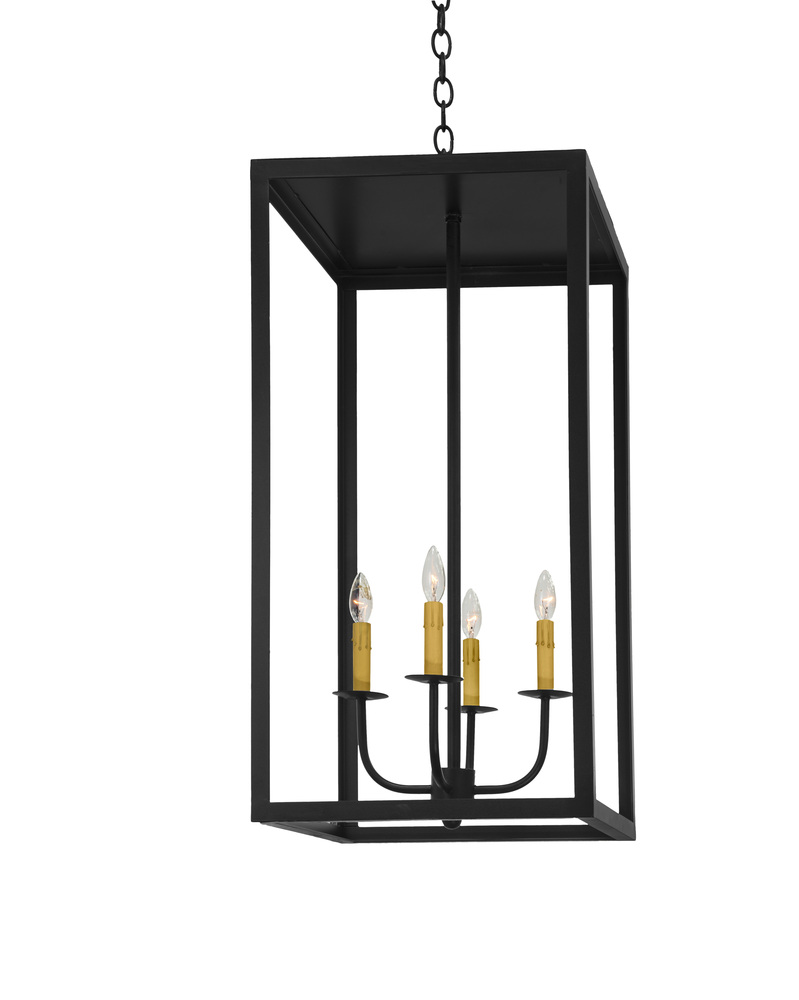 Hanging Lantern features a hand-forged iron frame and clear glass panes FSOwcasing timeless