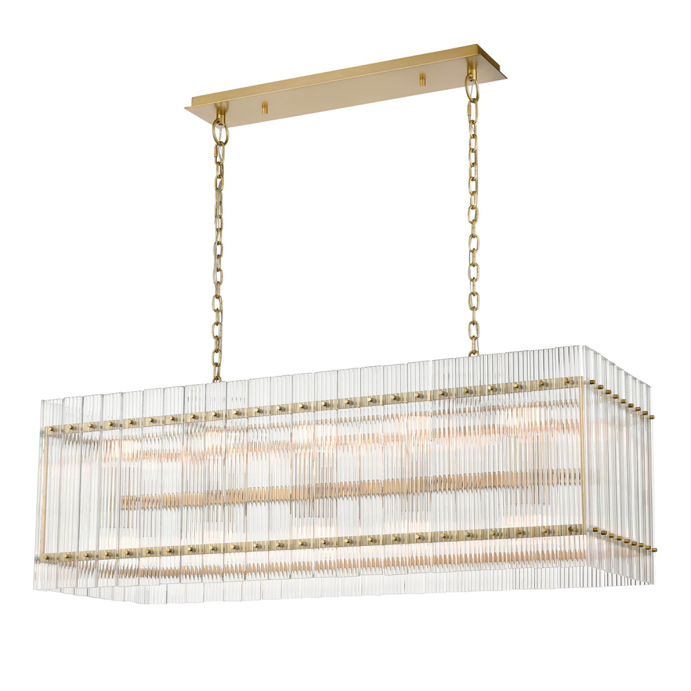 20-Light Fluted Glass Panel Aged Brass Rectangular Dining Chandelier