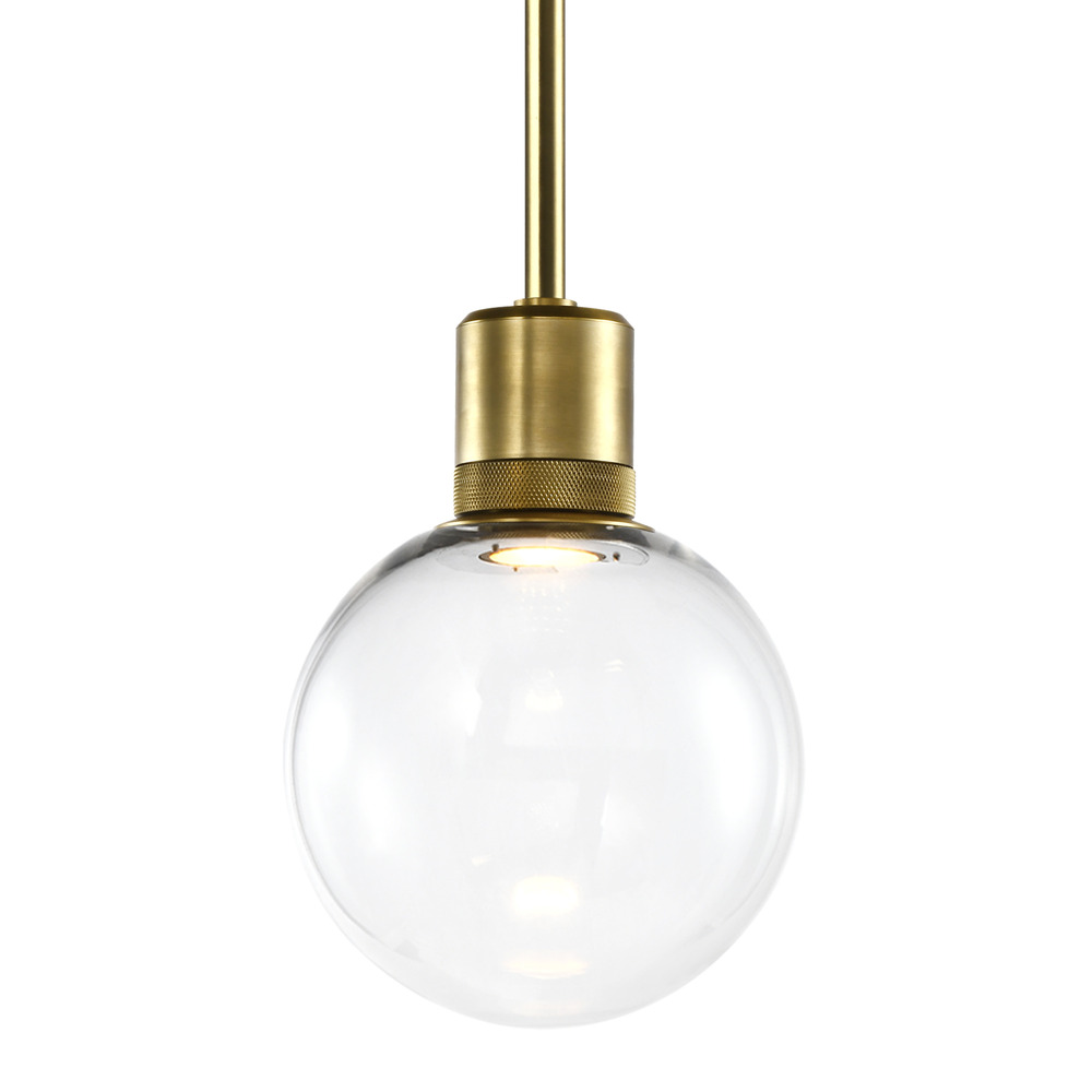 8" LED 3CCT Clear Globe Glass Pendant Light and Aged Brass Metal Finish