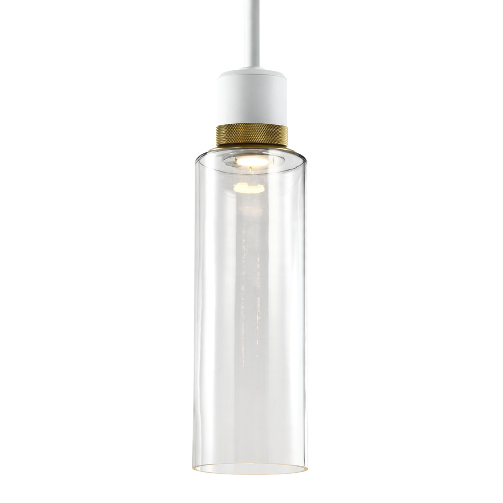 6" LED 3CCT Cylindrical Drum Pendant Light, 18" Clear Glass and Matte White with Brass Metal