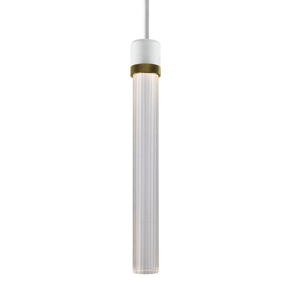 Zigrina 18" Fluted Glass LED Pendant in White and Brass Knurled Ring