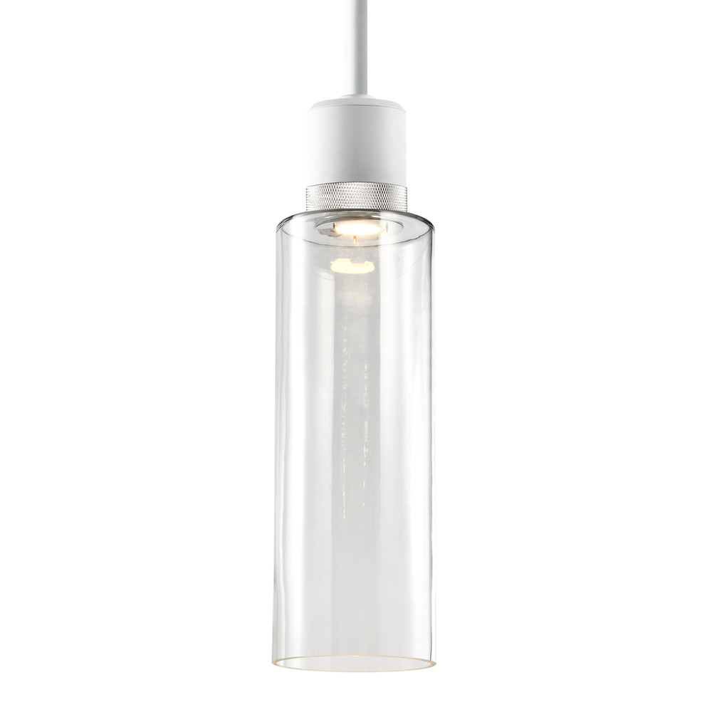 6" LED 3CCT Cylindrical Drum Pendant Light, 18" Clear Glass and Matte White with Nickel Meta