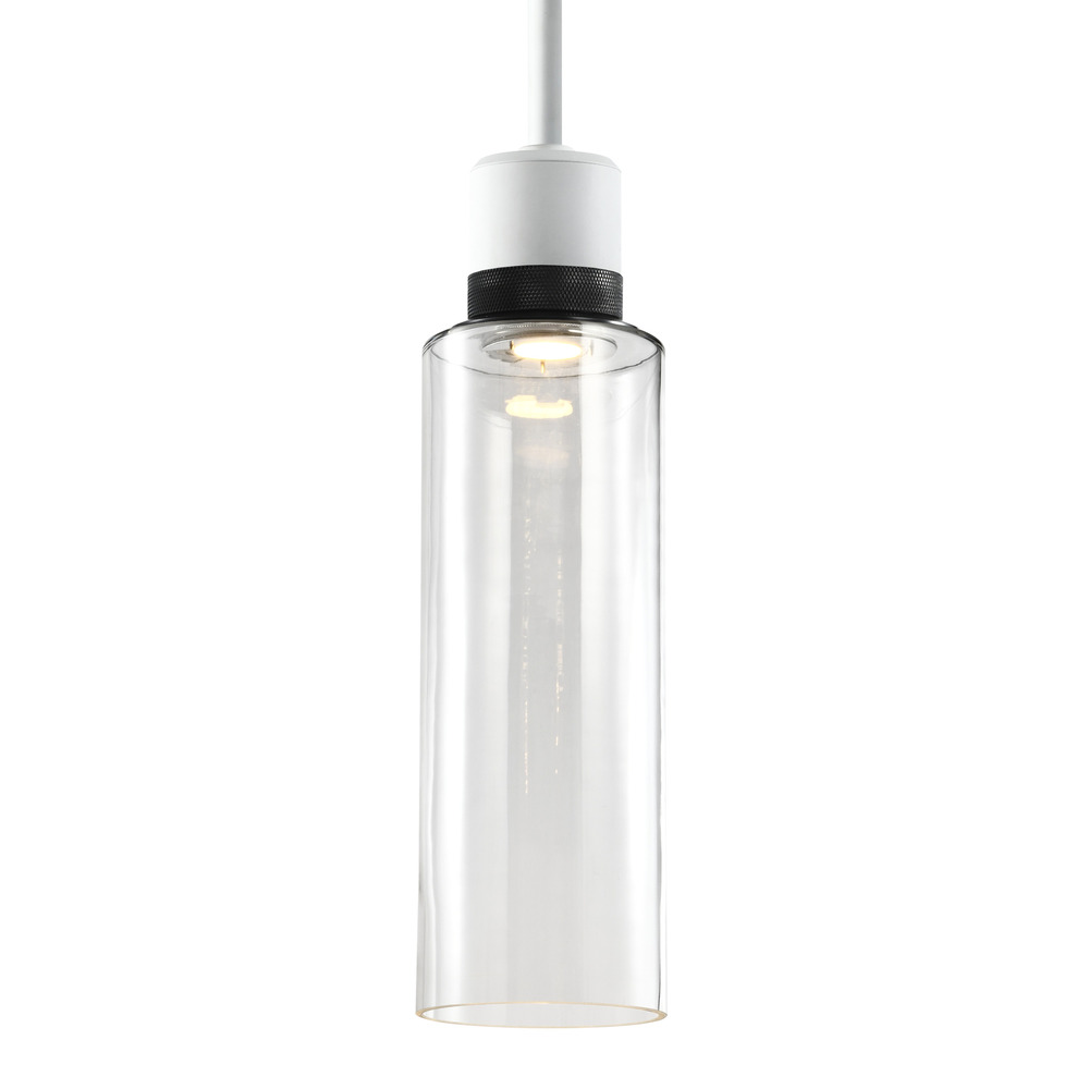 6" LED 3CCT Cylindrical Drum Pendant Light, 18" Clear Glass and Matte White with Black Metal