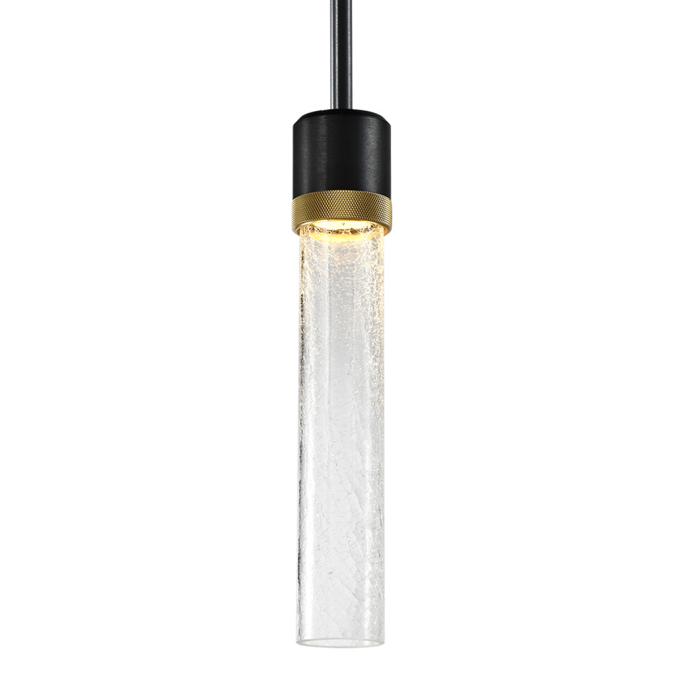 Zigrina 12" Crackled Glass LED Pendant in Black and Brass Knurled Ring