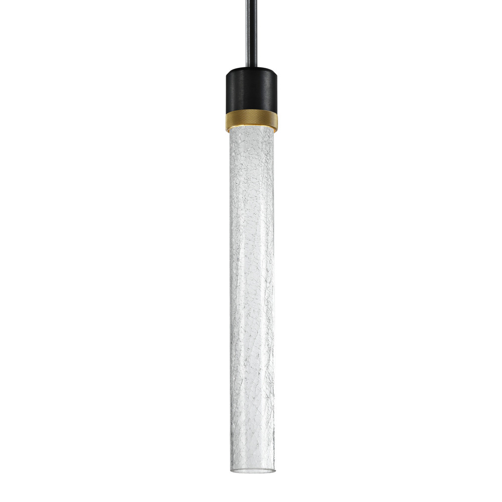 Zigrina 18" Crackled Glass LED Pendant in Black and Brass Knurled Ring