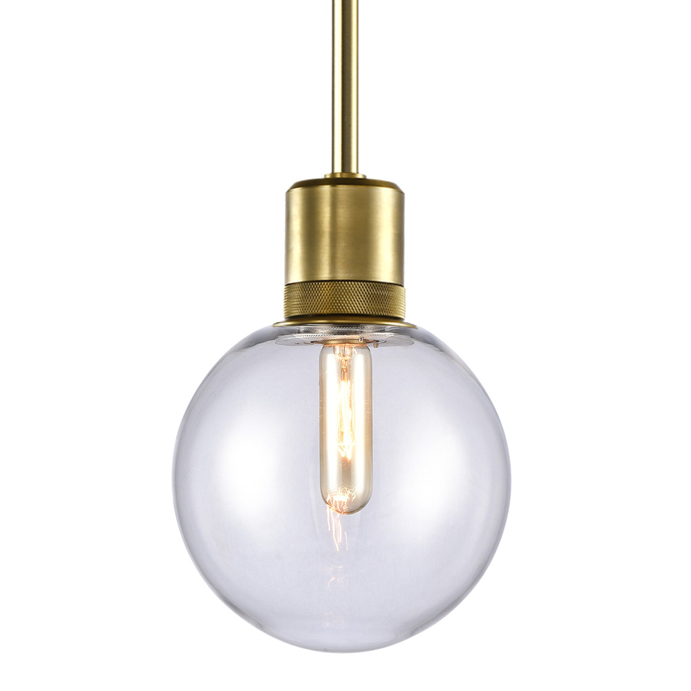 8" E26 Clear Globe Glass Pendant Light and Aged Brass Metal Finish