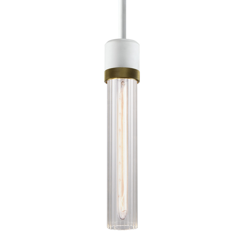 Zigrina 12" Fluted Glass E26 Pendant in White with Knurled Ring in Brass