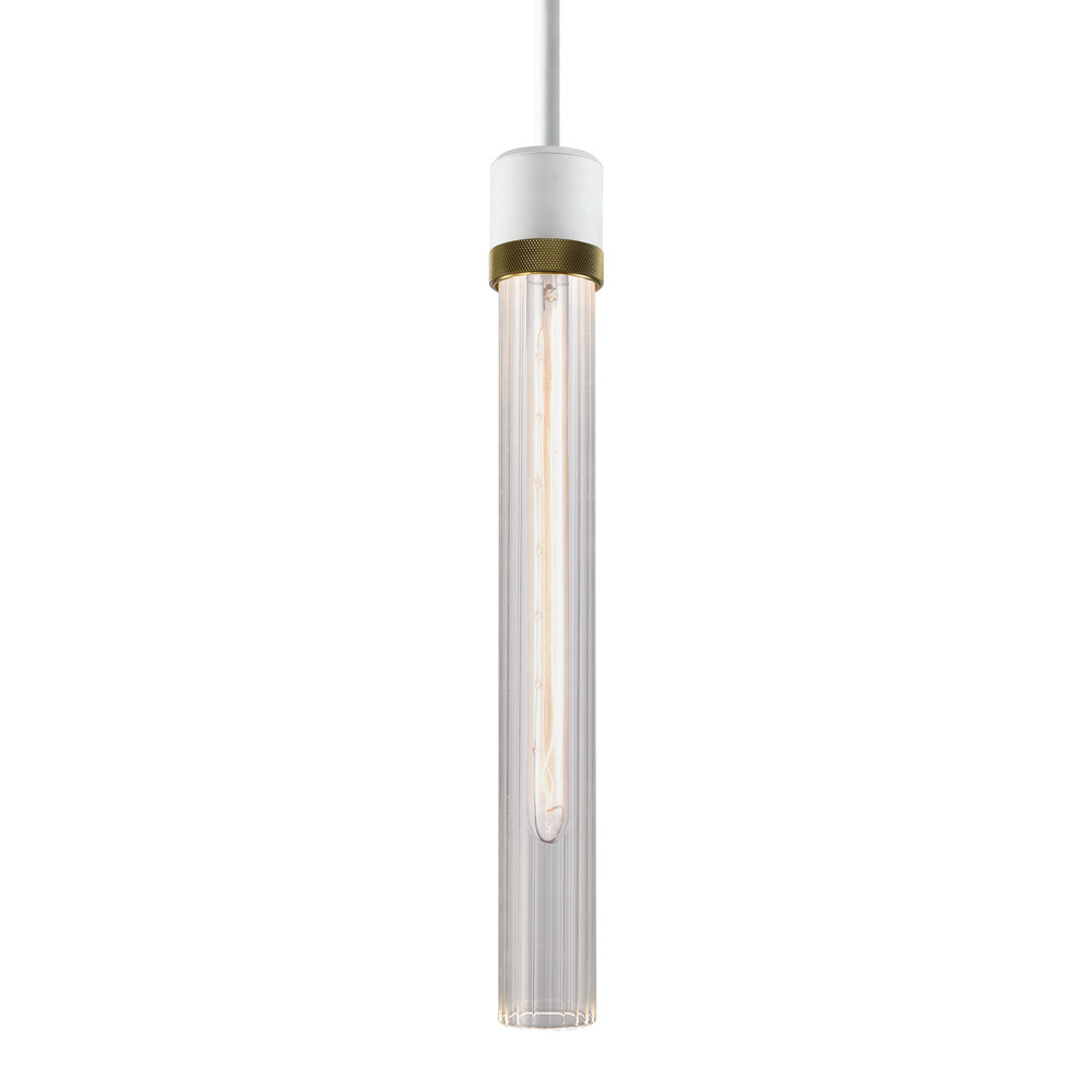 Zigrina 18" Fluted Glass E26 Pendant in White with Knurled Ring in Brass