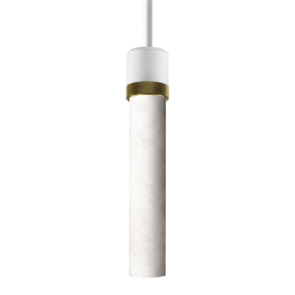 3" E26 Cylindrical Pendant Light, 12" Spanish Alabaster and Matte White with Brass Finish