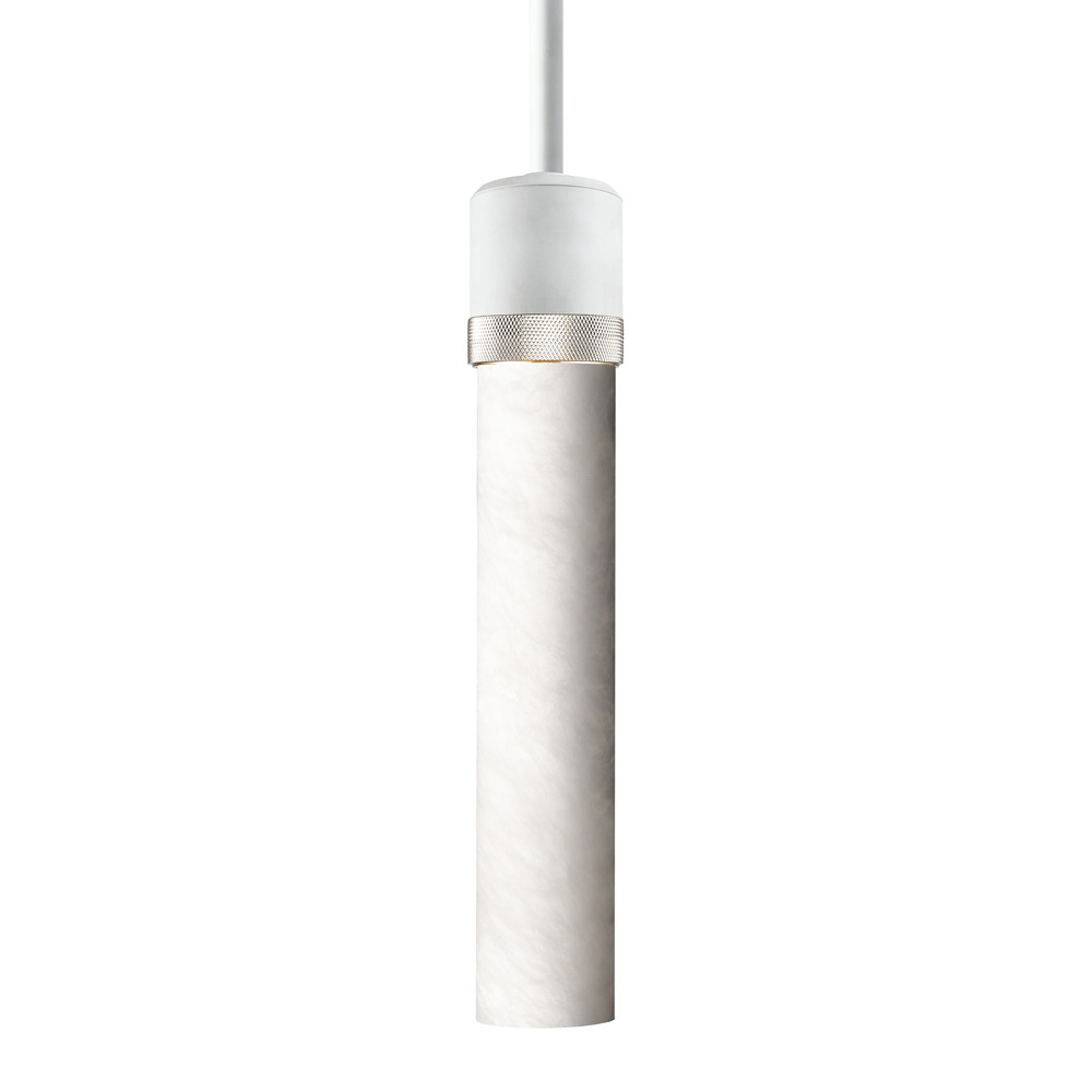 3" E26 Cylindrical Pendant Light, 12" Spanish Alabaster and Matte White with Nickel Finish