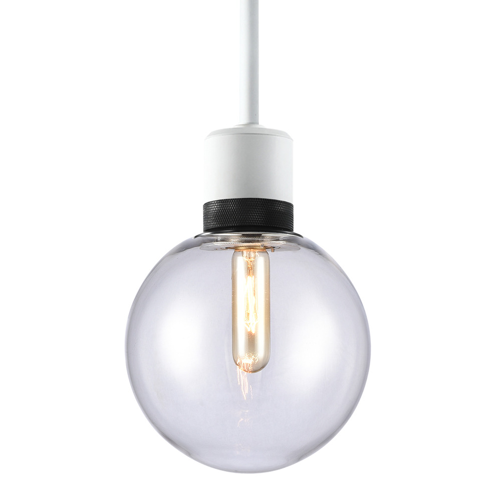 8" E26 Clear Globe Glass Pendant Light and Matte White with Black Metal Finish