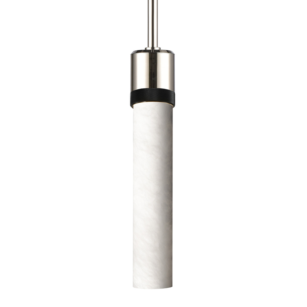 3" E26 Cylindrical Pendant Light, 12" Spanish Alabaster and Polished Nickel with Black Finis