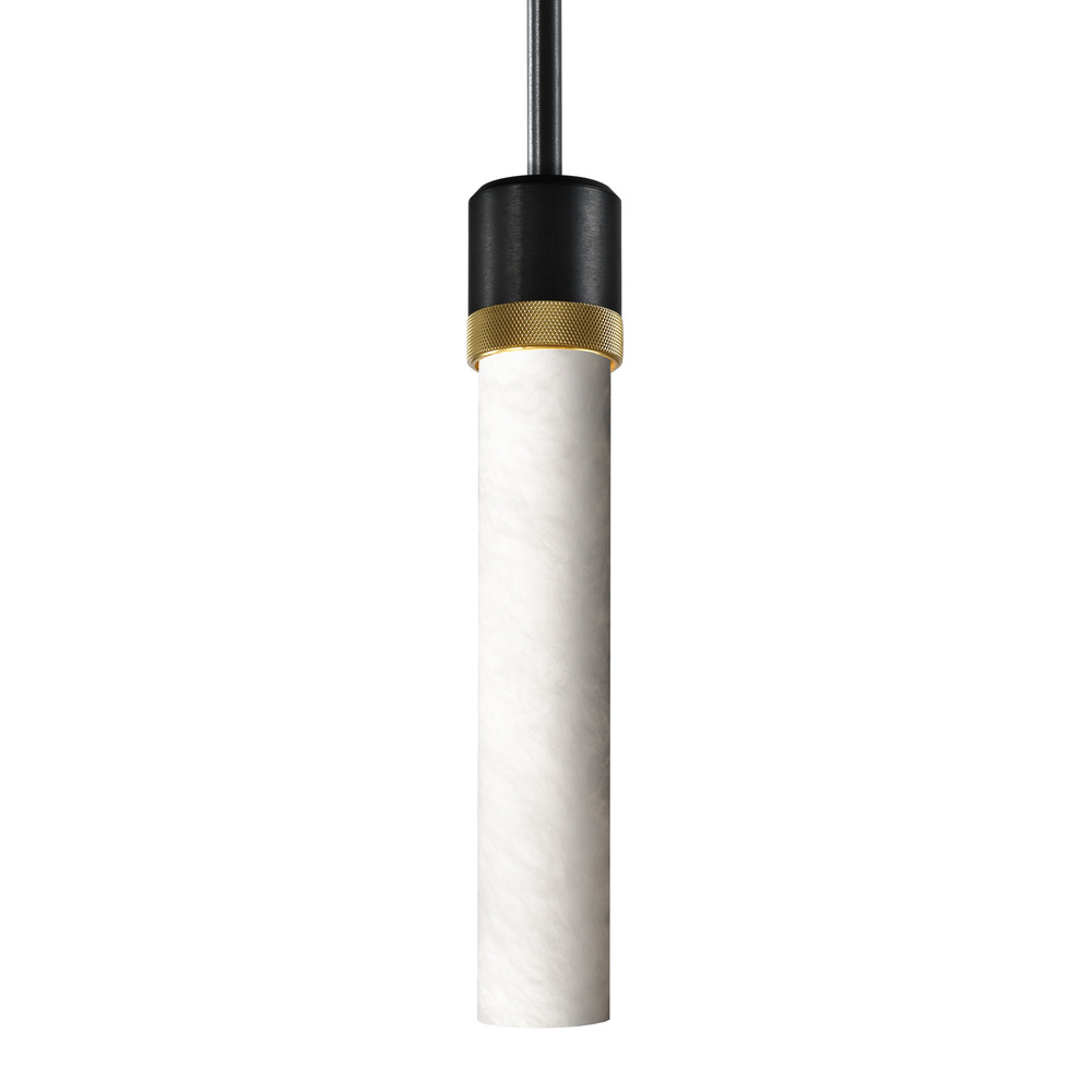 3" E26 Cylindrical Pendant Light, 12" Spanish Alabaster and Satin Brushed Black with Brass F