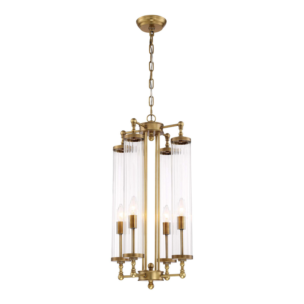 4-Light 14" Decorative Aged Brass Fluted Glass Vertical Pendant
