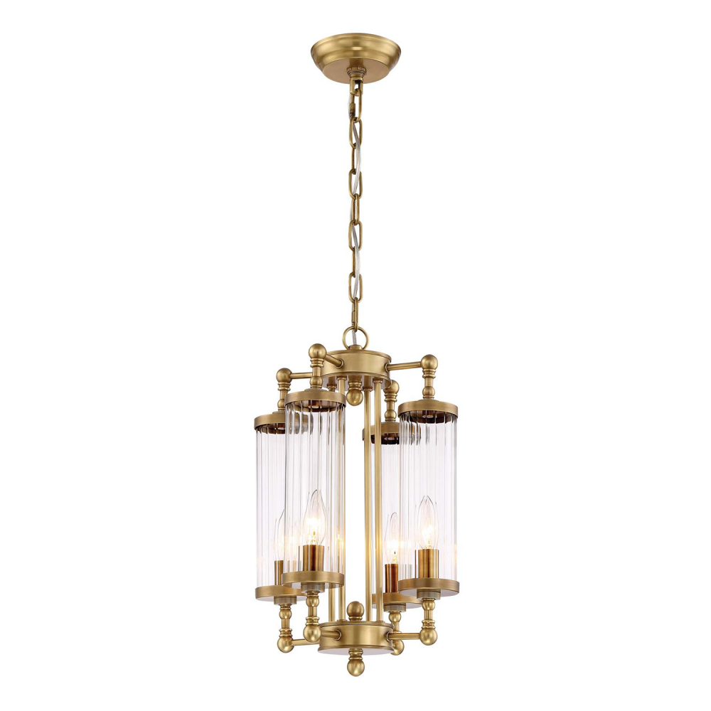 4-Light 12" Decorative Aged Brass Fluted Glass Vertical Pendant