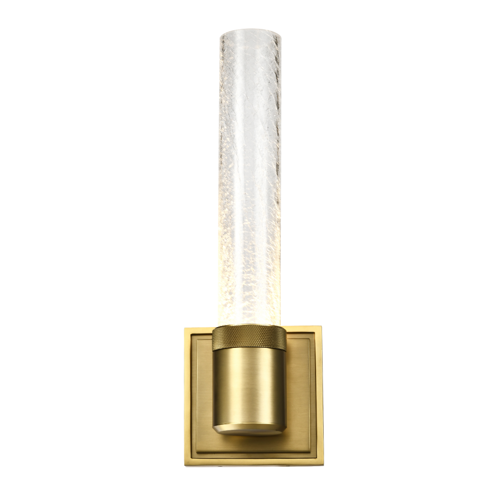 LED 3CCT Vertical Wall Sconce, 12" Crackled Glass and Aged Brass Finish