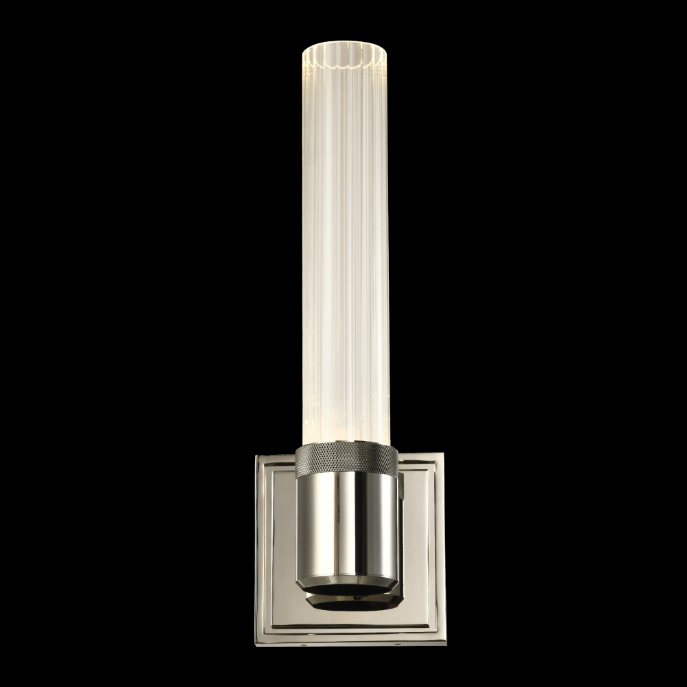 LED 3CCT Vertical Wall Sconce, 12" Fluted Glass and Polished Nickel Finish