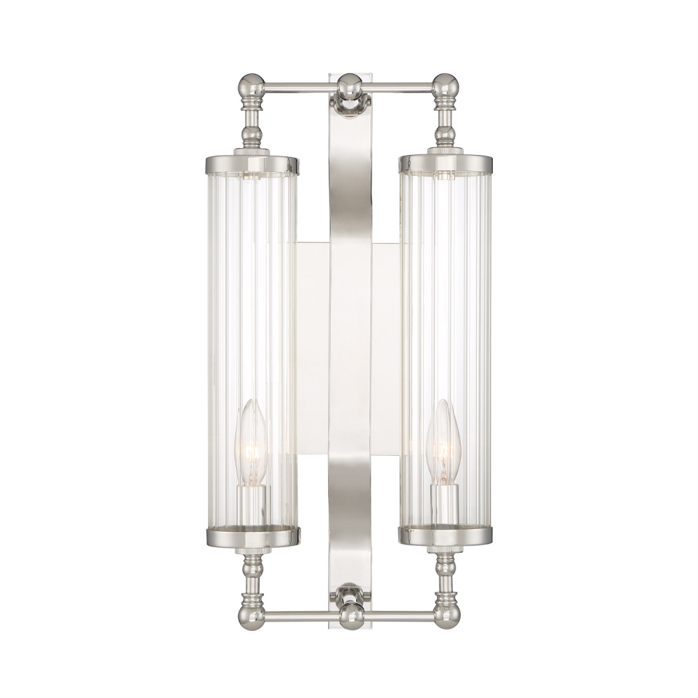 2-Light Polished Nickel Fluted Glass Vertical Wall Sconce