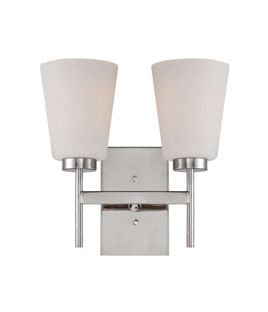 2-Light Wall Mounted Vanity Light in Polished Nickel Finish with White Satin Glass